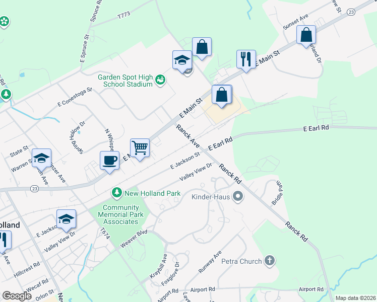 map of restaurants, bars, coffee shops, grocery stores, and more near 593 East Jackson Street in New Holland