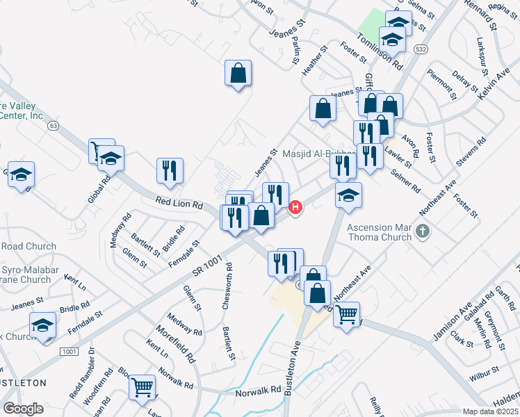 map of restaurants, bars, coffee shops, grocery stores, and more near 10032 Ferndale Street in Philadelphia
