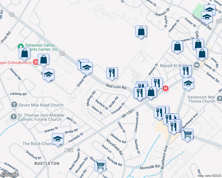 map of restaurants, bars, coffee shops, grocery stores, and more near 600 Red Lion Road in Philadelphia