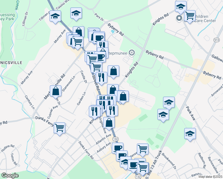 map of restaurants, bars, coffee shops, grocery stores, and more near 3110 Knights Road in Bensalem