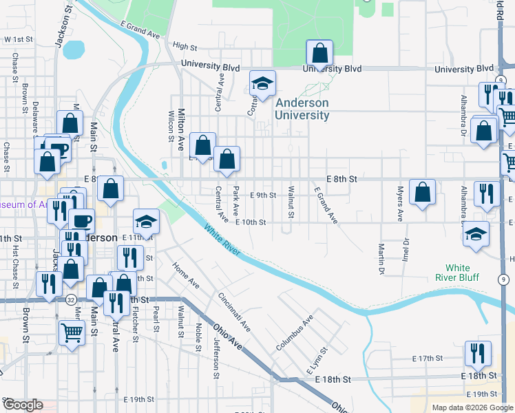 map of restaurants, bars, coffee shops, grocery stores, and more near 902 Cottage Avenue in Anderson