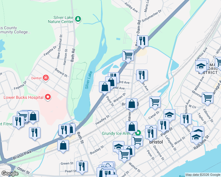 map of restaurants, bars, coffee shops, grocery stores, and more near 505 2nd Avenue in Bristol
