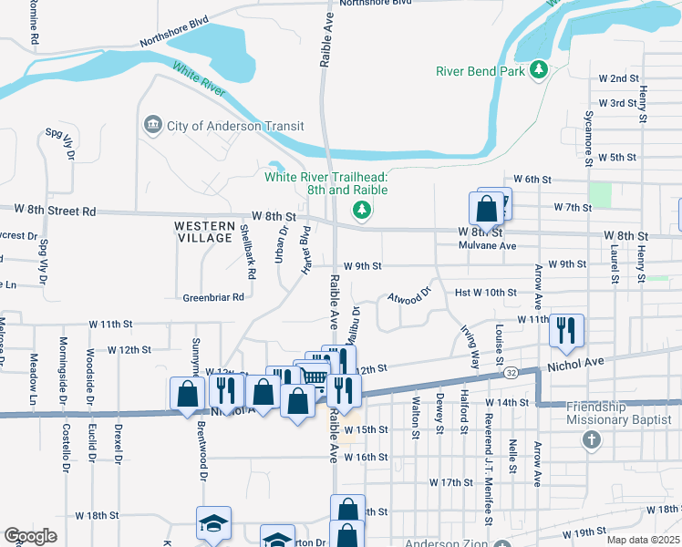 map of restaurants, bars, coffee shops, grocery stores, and more near 906 Raible Avenue in Anderson