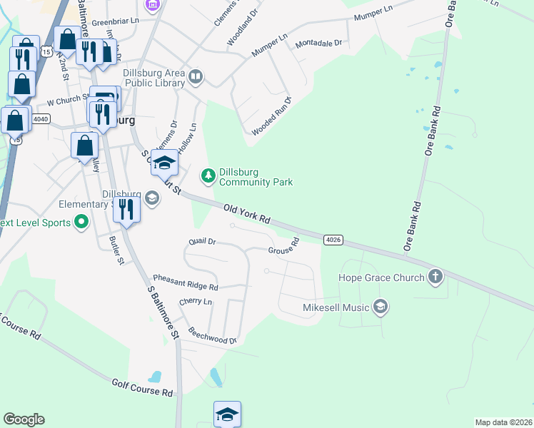 map of restaurants, bars, coffee shops, grocery stores, and more near 45 Old York Road in Dillsburg