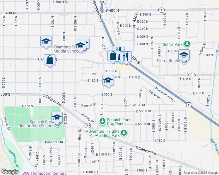 map of restaurants, bars, coffee shops, grocery stores, and more near 180 South 1150 East in Spanish Fork