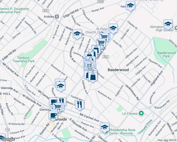 map of restaurants, bars, coffee shops, grocery stores, and more near 367 North Easton Road in Glenside