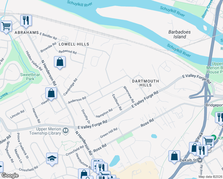 map of restaurants, bars, coffee shops, grocery stores, and more near 287 Anderson Road in King of Prussia