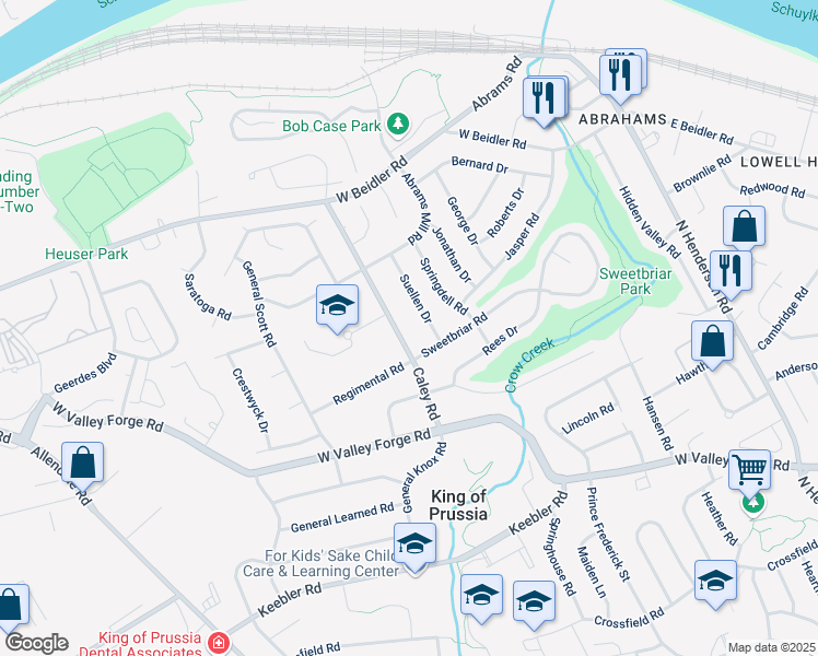 map of restaurants, bars, coffee shops, grocery stores, and more near 711 Suellen Drive in King of Prussia