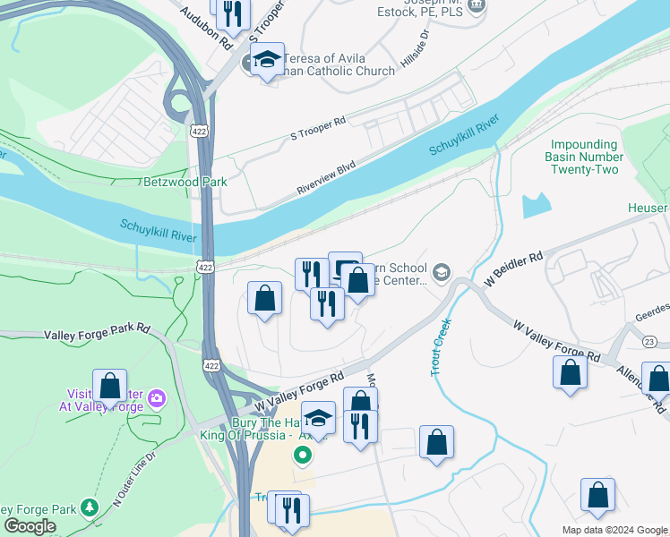 map of restaurants, bars, coffee shops, grocery stores, and more near 4000 West Valley Forge Circle in King of Prussia
