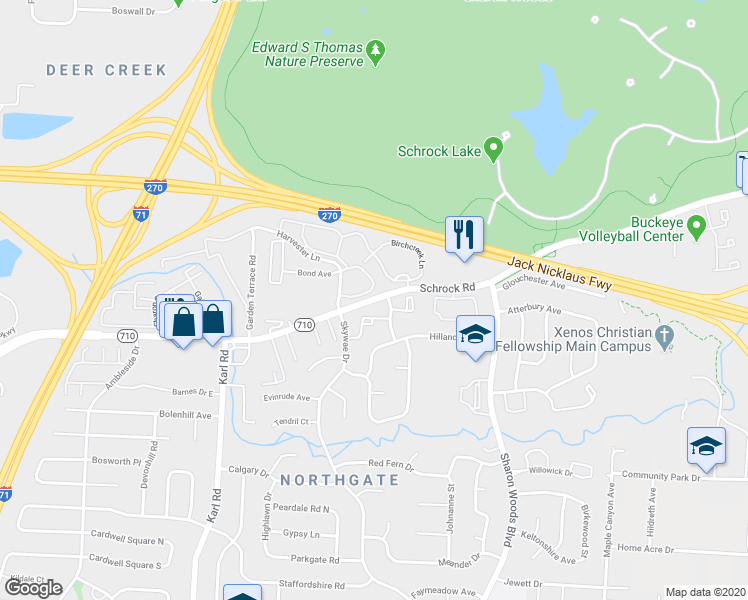 map of restaurants, bars, coffee shops, grocery stores, and more near 1789 Hickory Creek Lane in Columbus