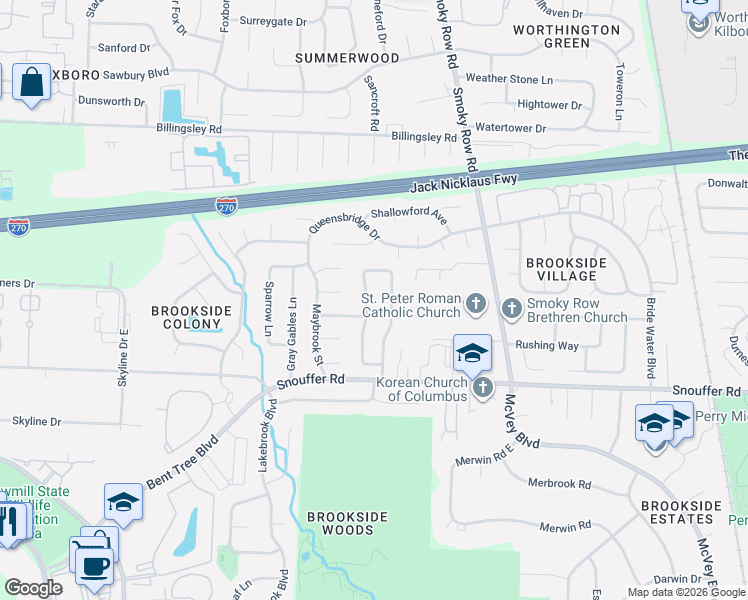 map of restaurants, bars, coffee shops, grocery stores, and more near 6920 Pine Bark Lane in Columbus