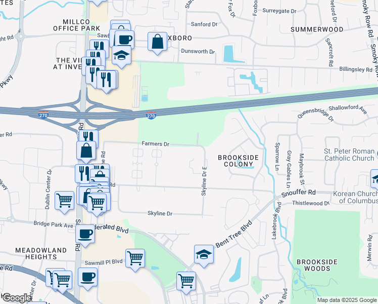 map of restaurants, bars, coffee shops, grocery stores, and more near 7341 Skyline Drive East in Columbus