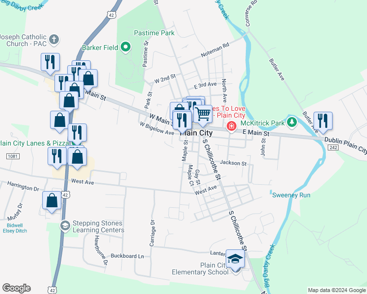map of restaurants, bars, coffee shops, grocery stores, and more near in Plain City