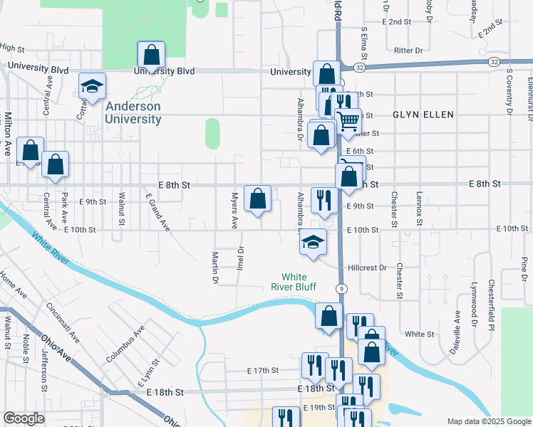 map of restaurants, bars, coffee shops, grocery stores, and more near 814 Nursery Road in Anderson