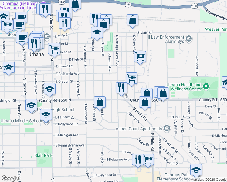 map of restaurants, bars, coffee shops, grocery stores, and more near 707 South Wabash Avenue in Urbana