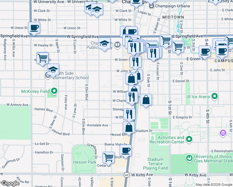 map of restaurants, bars, coffee shops, grocery stores, and more near 728 South State Street in Champaign