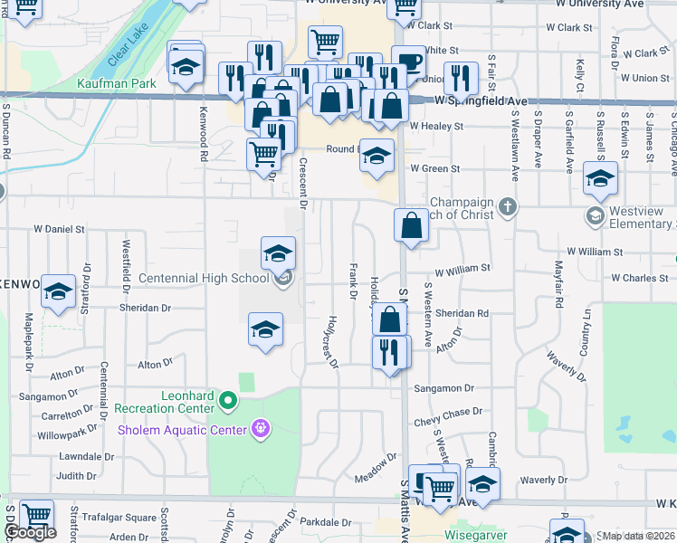 map of restaurants, bars, coffee shops, grocery stores, and more near 908 Hollycrest Drive in Champaign
