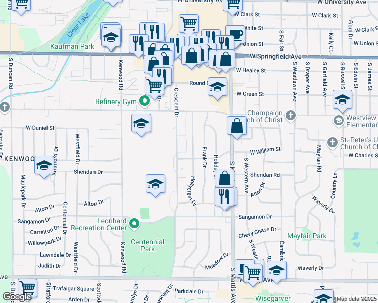 map of restaurants, bars, coffee shops, grocery stores, and more near 910 Crescent Drive in Champaign