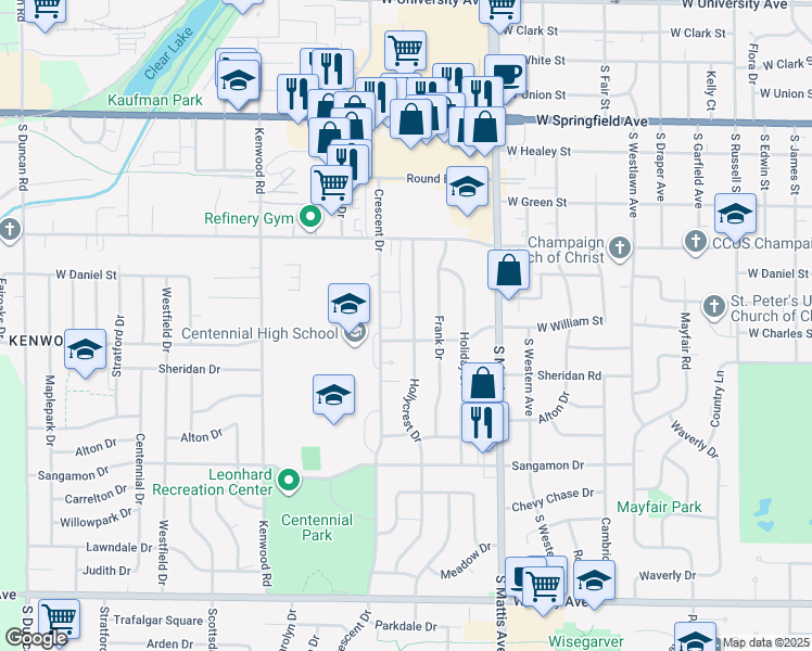 map of restaurants, bars, coffee shops, grocery stores, and more near 910 Crescent Drive in Champaign