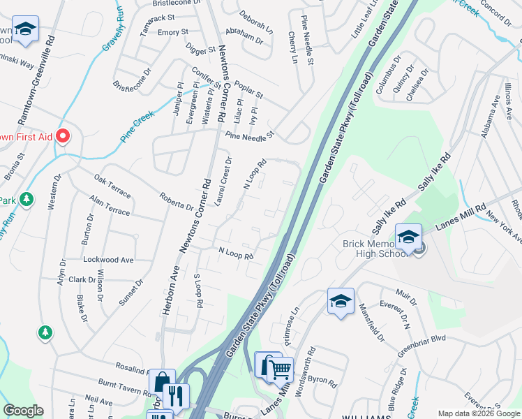 map of restaurants, bars, coffee shops, grocery stores, and more near 1074 Lizzies Court in Brick Township