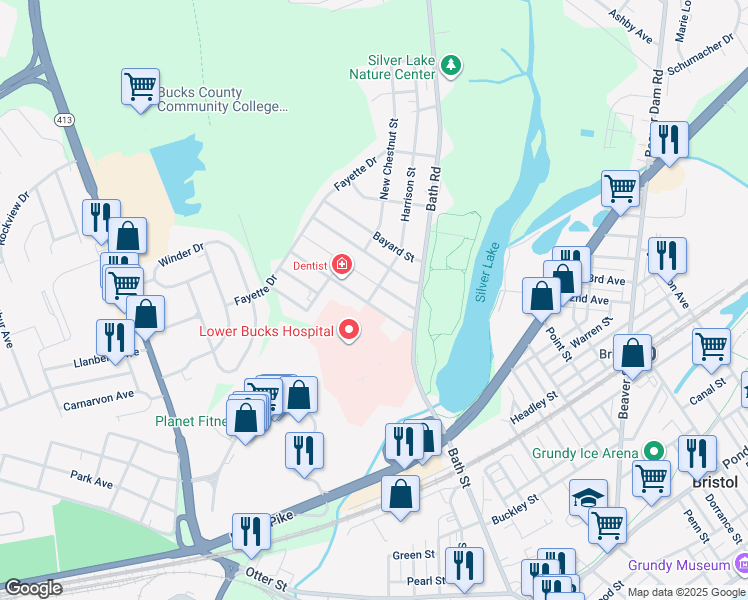 map of restaurants, bars, coffee shops, grocery stores, and more near 736 Old Orchard Lane in Bristol