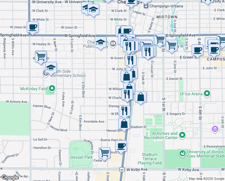 map of restaurants, bars, coffee shops, grocery stores, and more near 728 South State Street in Champaign