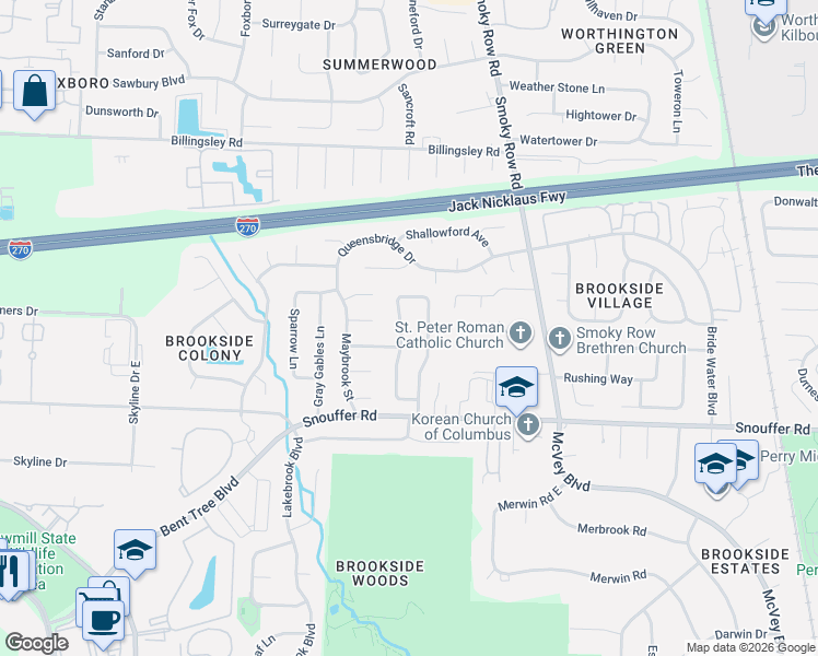 map of restaurants, bars, coffee shops, grocery stores, and more near 6920 Pine Bark Lane in Columbus