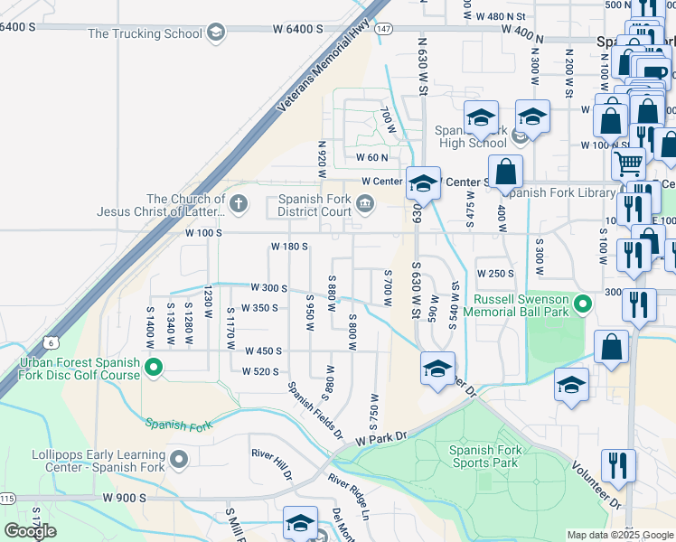 map of restaurants, bars, coffee shops, grocery stores, and more near 231 South 880 West in Spanish Fork