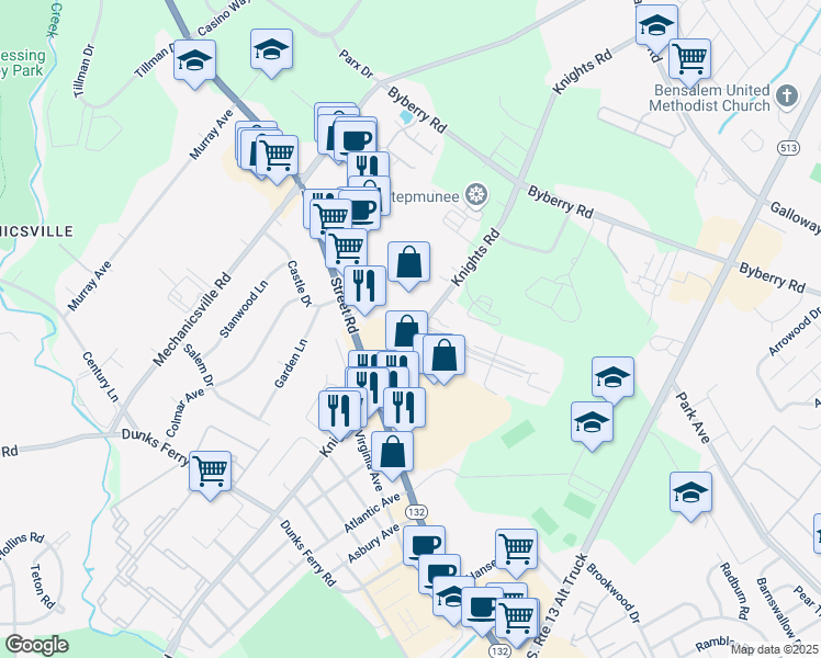 map of restaurants, bars, coffee shops, grocery stores, and more near 3304 Knights Road in Bensalem