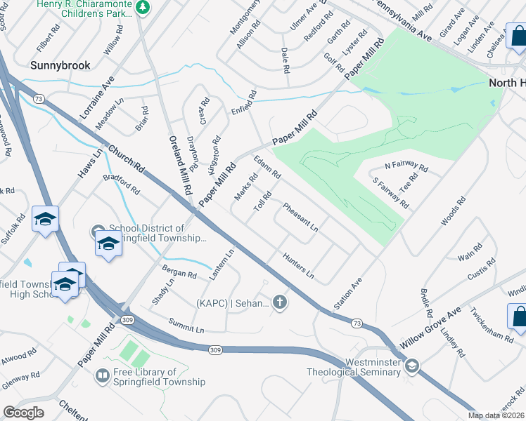 map of restaurants, bars, coffee shops, grocery stores, and more near 1020 Pheasant Lane in Oreland