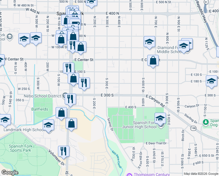 map of restaurants, bars, coffee shops, grocery stores, and more near 243 South 300 East in Spanish Fork
