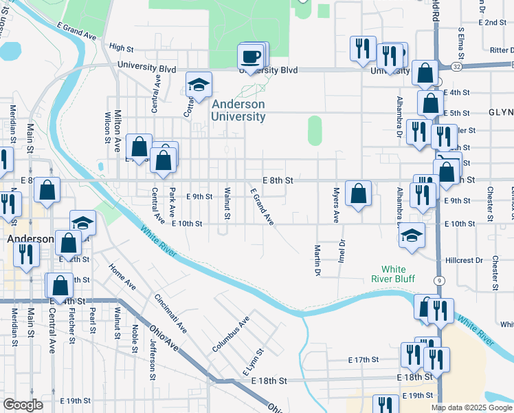 map of restaurants, bars, coffee shops, grocery stores, and more near 913 East Grand Avenue in Anderson