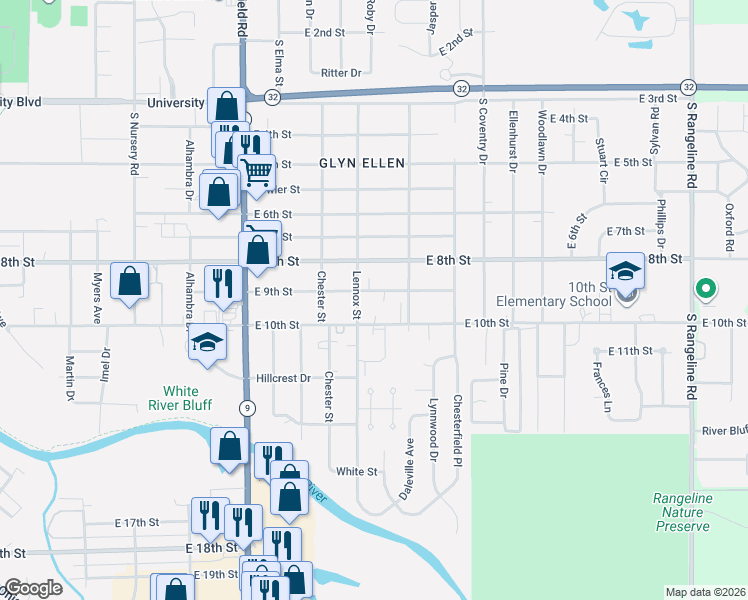 map of restaurants, bars, coffee shops, grocery stores, and more near 2512 East 9th Street in Anderson