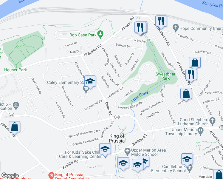 map of restaurants, bars, coffee shops, grocery stores, and more near 702 Suellen Drive in King of Prussia