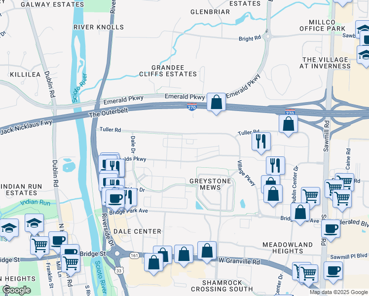 map of restaurants, bars, coffee shops, grocery stores, and more near 4250 McCune Avenue in Dublin