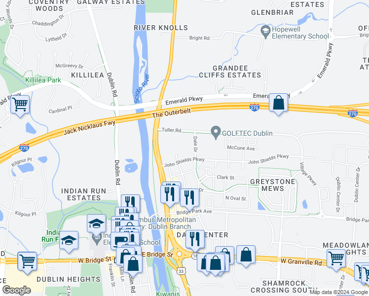map of restaurants, bars, coffee shops, grocery stores, and more near 4500 John Shields Parkway in Dublin
