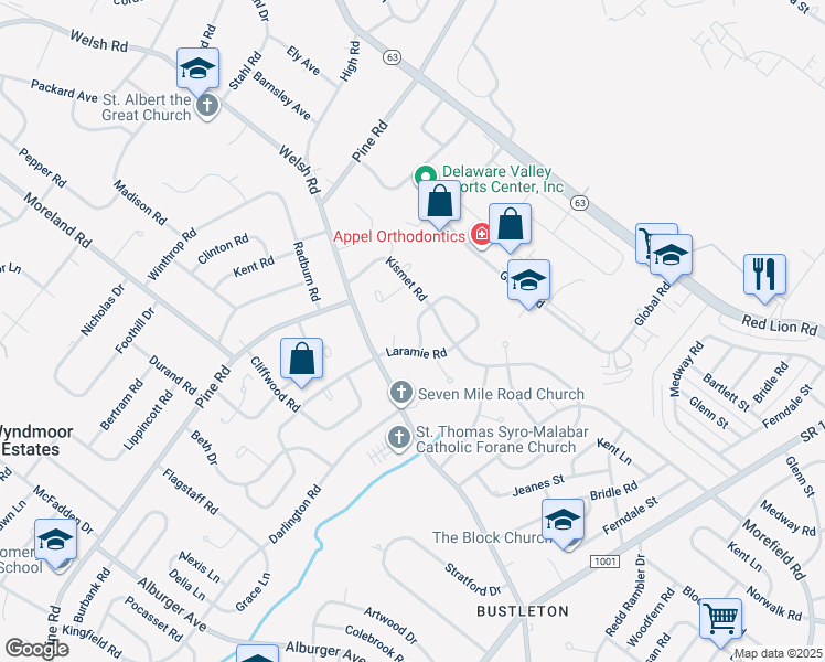 map of restaurants, bars, coffee shops, grocery stores, and more near 592 Remsen Road in Philadelphia