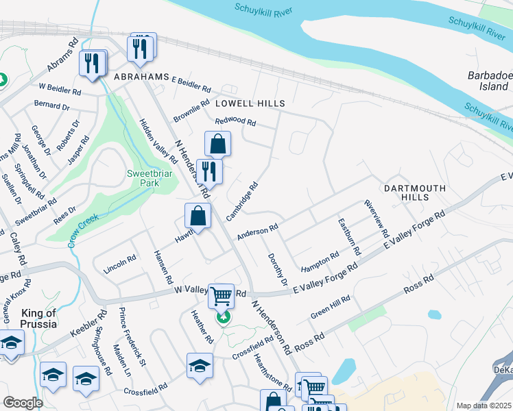 map of restaurants, bars, coffee shops, grocery stores, and more near 524 Dartmouth Drive in King of Prussia