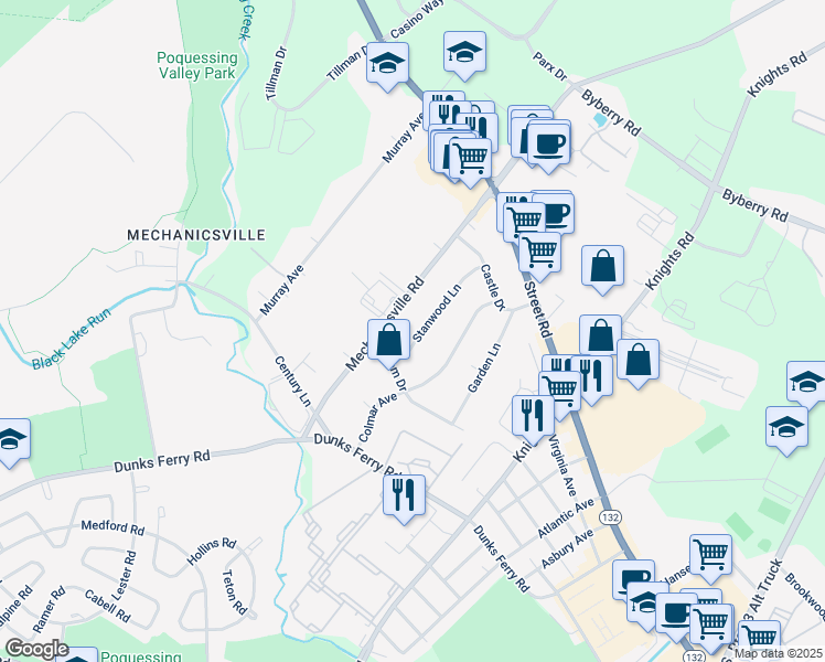 map of restaurants, bars, coffee shops, grocery stores, and more near 2746 Stanwood Lane in Bensalem