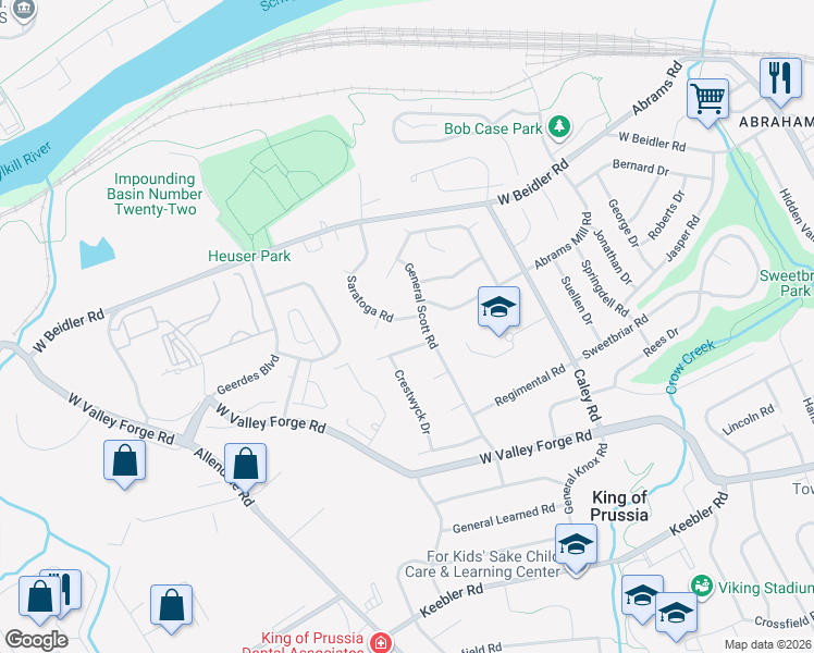 map of restaurants, bars, coffee shops, grocery stores, and more near 552 Saratoga Road in King of Prussia