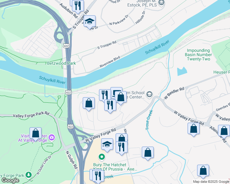 map of restaurants, bars, coffee shops, grocery stores, and more near 4000 West Valley Forge Circle in King of Prussia