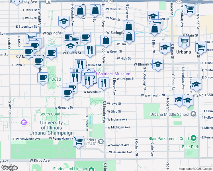 map of restaurants, bars, coffee shops, grocery stores, and more near 811 West Oregon Street in Urbana