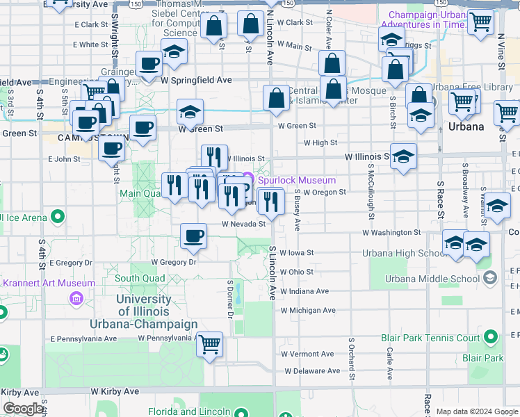 map of restaurants, bars, coffee shops, grocery stores, and more near in Urbana