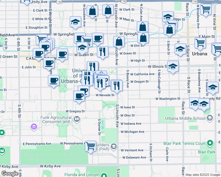map of restaurants, bars, coffee shops, grocery stores, and more near 811 West Oregon Street in Urbana