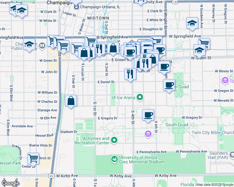 map of restaurants, bars, coffee shops, grocery stores, and more near 909 South 3rd Street in Champaign