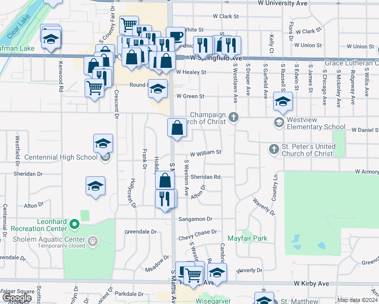 map of restaurants, bars, coffee shops, grocery stores, and more near 1721 Henry Street in Champaign