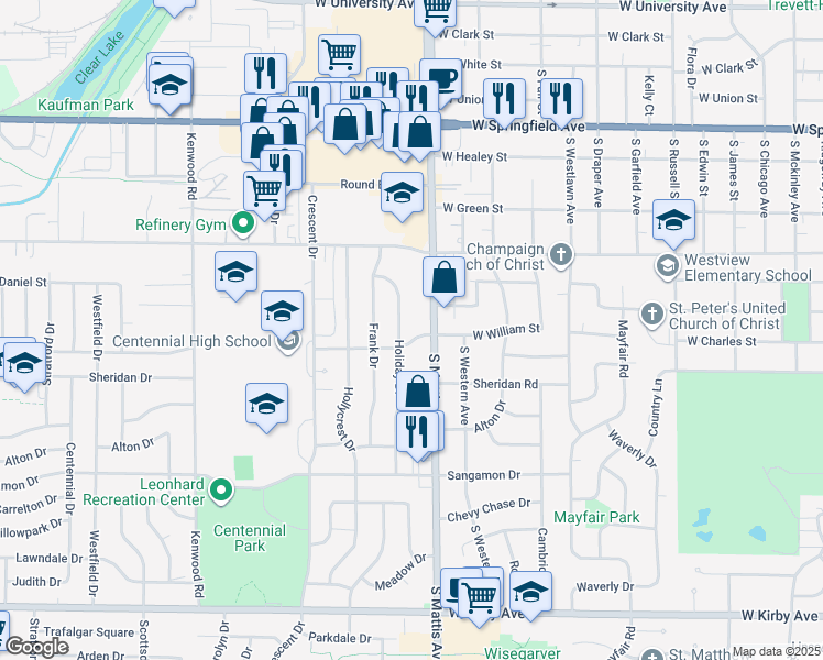 map of restaurants, bars, coffee shops, grocery stores, and more near 908 Holiday Drive in Champaign