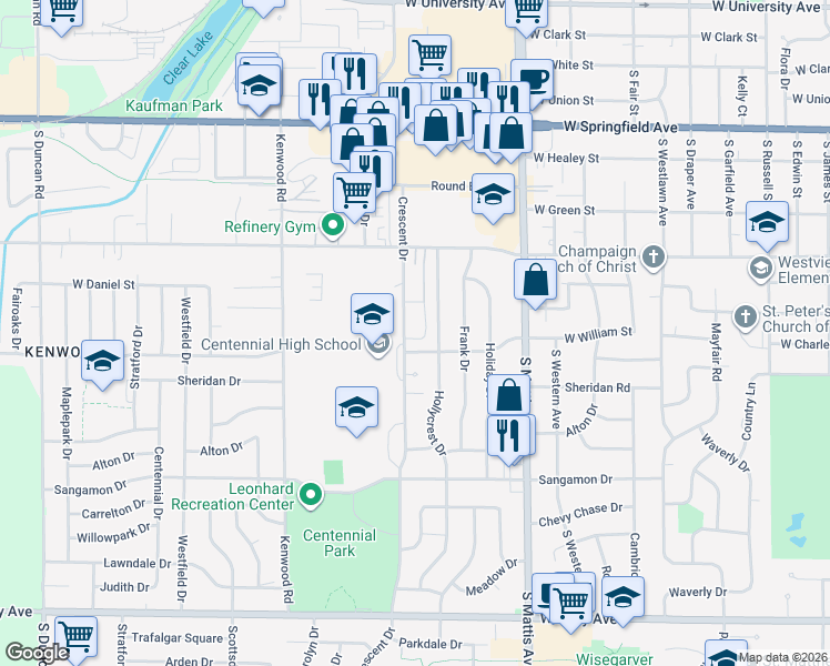 map of restaurants, bars, coffee shops, grocery stores, and more near 910 Crescent Drive in Champaign