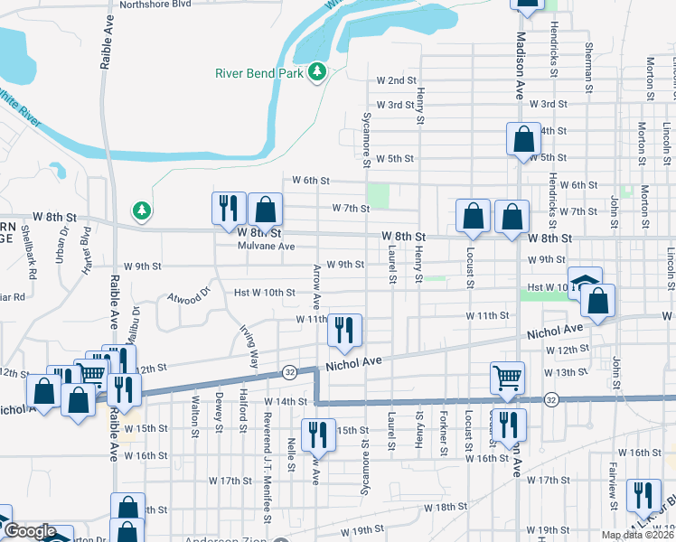 map of restaurants, bars, coffee shops, grocery stores, and more near 1644 West 9th Street in Anderson