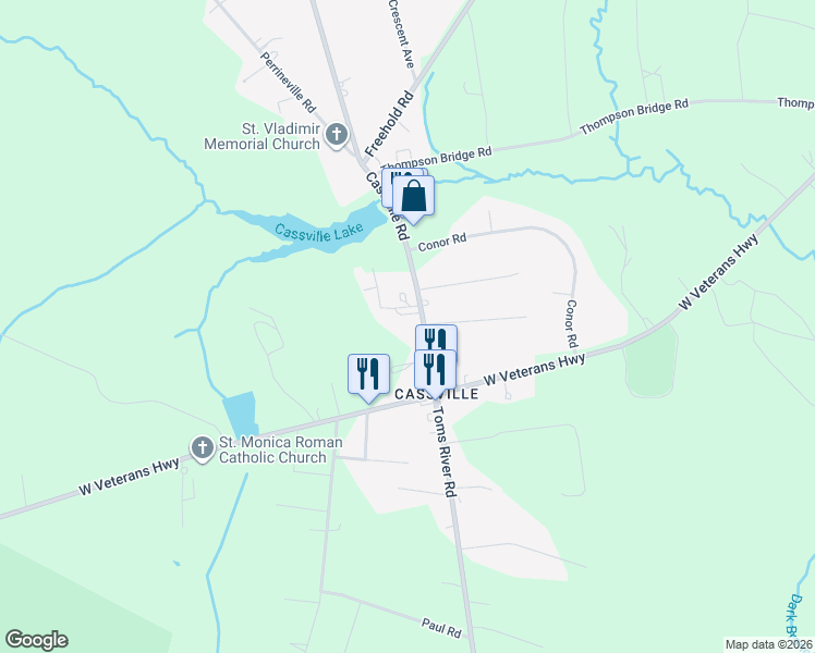 map of restaurants, bars, coffee shops, grocery stores, and more near 36 Cassville Road in Jackson Township